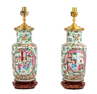 A Pair of Famille Rose Porcelain Jars Mounted as Lamps
Height of vase 14 inches.