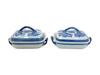 Two Chinese Export Blue Fitzhugh Porcelain Covered Entree Dishes 