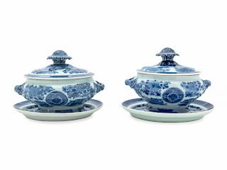 A Pair of Chinese Export Blue Fitzhugh Porcelain Sauce Tureens with Covers