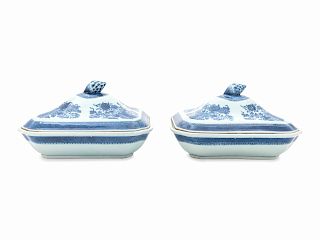 A Pair of Chinese Export Blue Fitzhugh Porcelain Covered Entree Dishes
Width of largest 11 inches. inches