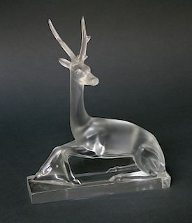 Signed Lalique French Frosted Glass Reclining Cerf Stag