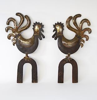 Pair of Cut Brass and Iron Rooster Andiron Fronts