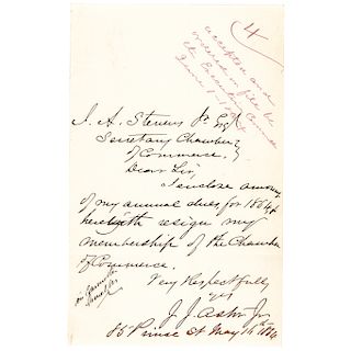 1864-Date Civil War period General JOHN JACOB ASTOR JR. Autograph Letter Signed