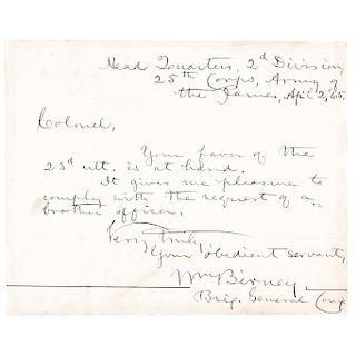 1865 Abolitionist Union Civil War General WILLIAM BIRNEY Autograph Letter Signed