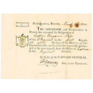 WILLIAM DONNISON, 1802 Militia Officer Resignation Document