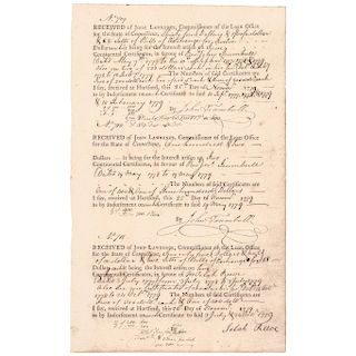 REVEREND JOHN TRUMBULL (1715-1787) CT. Vouchers On Continental Loan Certificates