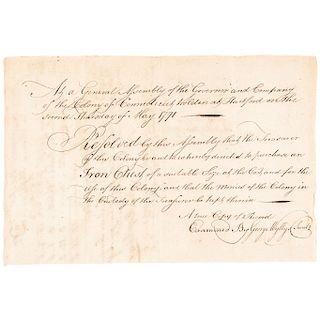1771 Receipt for Iron Chest to Store the Money of the Colony of Connecticut