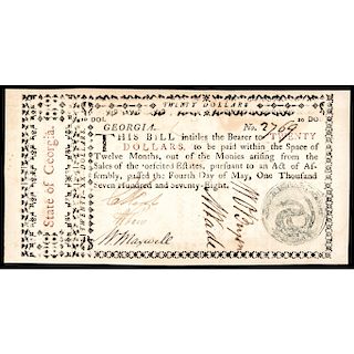 Colonial Currency, WILLIAM FEW Signed GA. 1778 $20 Rattlesnake Seal PMG Unc-60