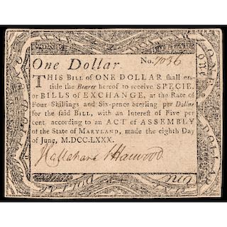 Colonial Currency, Maryland. June 8, 1780. $1. BLACK MONEY Exceedingly Rare!