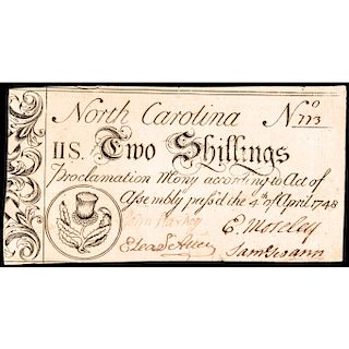 Colonial Currency FINEST KNOWN North Carolina April 4, 1748 2 Shillings, Thistle