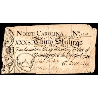 Colonial Currency, 1734/1735/1748 North Carolina with Winged Stirrup Vignette
