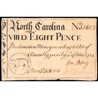 Colonial Currency, Superior, NC. March 9, 1754 Eight Pence, BOAR, PCGS EF-40