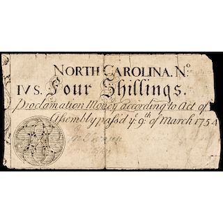 Colonial Currency Note, NC, March 9, 1754, 4s Monogram vignette. PCGS Fine-15