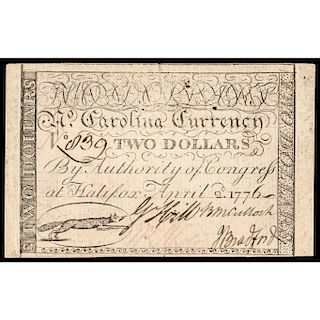 Colonial Currency, North Carolina April 2, 1776 $2 FOX, PMG Choice Very Fine-35