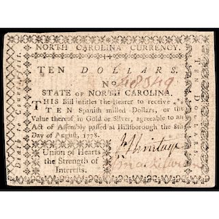 Colonial Currency, NC. August 8, 1778 $10 Union of Hearts... PMG Choice Unc-63