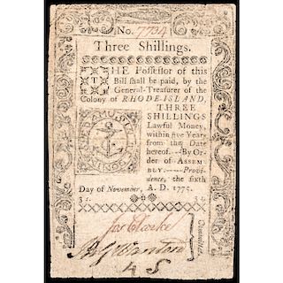 Colonial Currency, RI, November 6, 1775, 3sThree Shillings. Very Fine