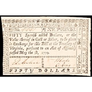 Colonial Currency, Virginia. May 3, 1779. 50 Dollars. Extremely Fine