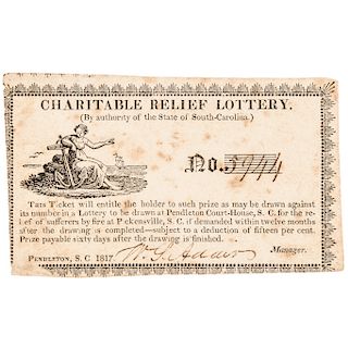 Historic and Very Rare 1817 South Carolina, Charitable Relief Lottery Ticket 