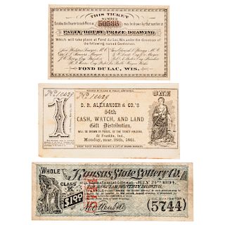 1861, 1879 + 1894-Dated THREE Scarce Kansas City and Wisconsin Lottery Tickets
