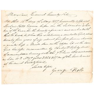 1817 Maryland 24 Year Old Mulatto Girl Deed of Manumission With Her Description