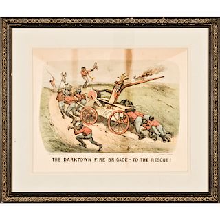 1884 Handcolored Currier + Ives Print, The Darktown Fire Brigade To The Rescue!