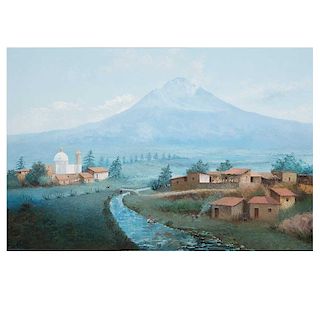 Efrén Cisneros García. Vista del Popocatépetl. Óleo sobre tela. Firmado y fechado 88. Enmarcado. 100 x 150 cm