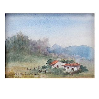 Luz de Lourdes Pino. Vista de paisaje con casas. Acuarela sobre tela. Firmada. Enmarcada. 14 x 19 cm