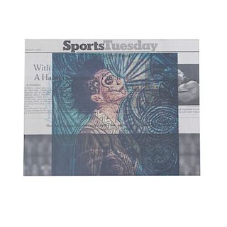 Juan Carlos Mendoza. "New York Woman II" Collage sobre papel periódico. Firmado y fechado 2017. Enmarcado. Deta