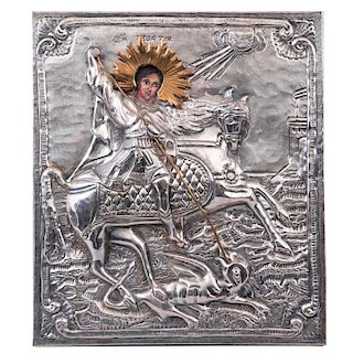 Ícono de San Jorge. Siglo XX. Elaborado en falda de lámina de metal electrobañado en metal plateado sobre madera.