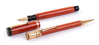 Vintage 1927/1930 set, Celluloid Fountain Pen & Pencil Parker Duofold Laquer-red, man's size, Nib B