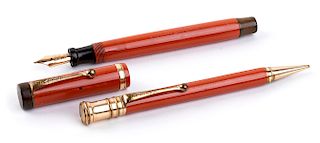Vintage 1927/1930 set, Celluloid Fountain Pen & Pencil Parker Duofold Laquer-red, Nib P