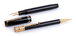 Vintage 1929/1935 set, Celluloid Fountain Pen & Pencil Parker Duofold Duofold Flashing Black and Gold