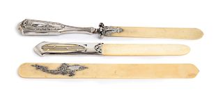 Set of three antique ivory and silver letter openers  