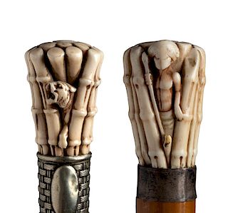 A pair of antique  ivory mounted walkings stick cane - England early 20th Century