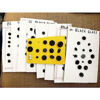 9 SMALL CARDS OF ASSORTED BLACK GLASS BUTTONS