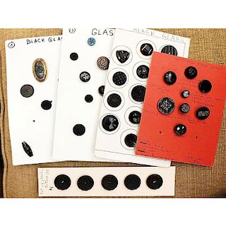 5 SMALL CARDS OF ASSORTED BLACK GLASS BUTTONS