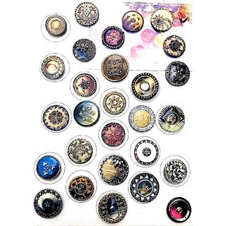 28 LARGE VICTORIAN CELLULOIDBUTTONS IN VARIOUS COLORS