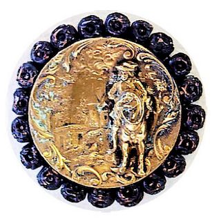 LARGE BRASS HORSE & RIDER BUTTON WITH WOOD BEAD BORDER