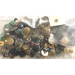 BAG LOT OF METALS AND GLASS IN METAL BUTTONS