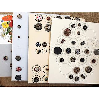 4 CARDS OF MANY METAL BUTTONS INCLUDING ENAMEL