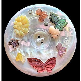 LARGE CARVED SEW THRU PEARL WITH INLAYED BUTTERFLIES