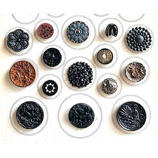 PARTIAL CARD OF MEDIUM & LARGE BLACK GLASS BUTTONS