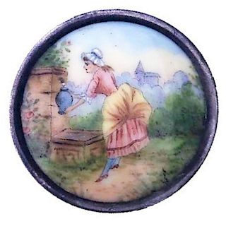 VERY LARGE COLORFUL ENAMEL BUTTON WITH SILVERED RIM