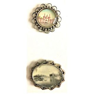 2 LARGE MOTIWALA UNDER GLASS PICTORIAL BUTTONS