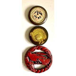 THREE LARGE BIRD BUTTONS IN ASSORTED MATERIALS