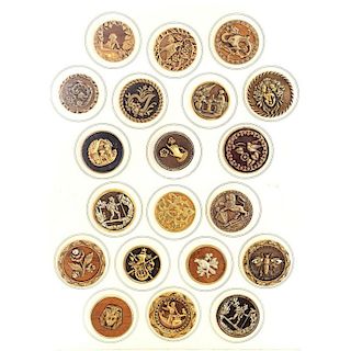 FULL CARD OF ASSORTED SUBJECT WOOD BACKGROUND BUTTONS