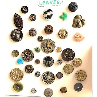 CARD OF MOSTLY ASSORTED METAL LEAF BUTTONS.