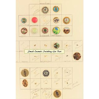 PARTIAL CARD OF ASSORTED ENAMEL BUTTONS INCL. GIN BARI