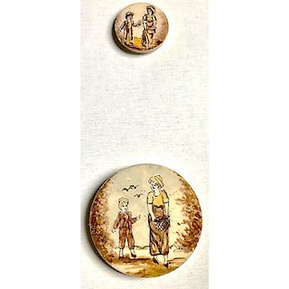A PAIR OF SMALL & LARGE HAND PAINTED BONE BUTTONS