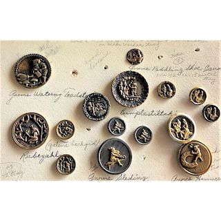 PARTIAL CARD OF BRASS PICTURE BUTTONS INCLUDING GNOMES